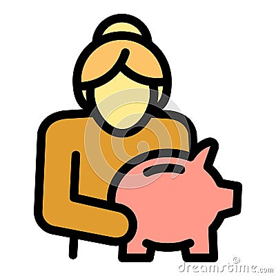 Senior woman with piggybank icon, outline style Vector Illustration