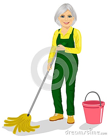 Senior woman with pink bucket and mop Vector Illustration