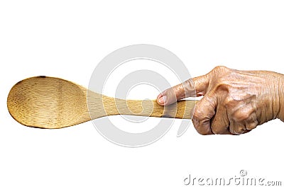 Senior woman left hand holding wooden ladle on white background, Close up shot, Selective focus, Kitchen utensils concept Stock Photo