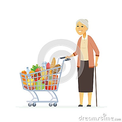 Senior woman with a shopping cart - cartoon people characters isolated illustration Vector Illustration