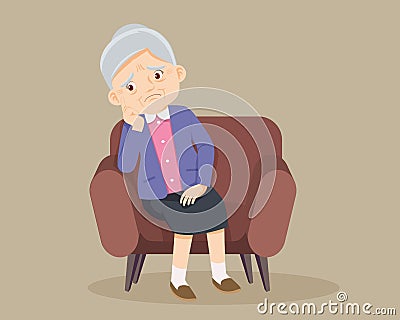 Senior woman sitting alone on sofa Vector Illustration