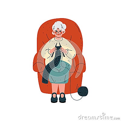Senior Woman Sitting in Armchair and Knitting, Old Lady Daily Activity Vector Illustration Vector Illustration