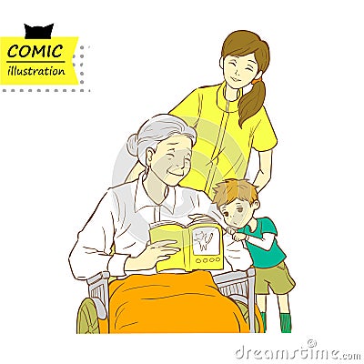 Senior woman sitting on a wheelchair, with caregiver and child. Vector Illustration