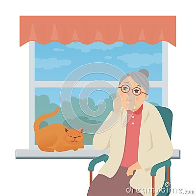 Senior woman sitting by the window - flat design style illustration Vector Illustration