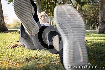 Senior woman slipped down,fell on the ground,old people who suffered an accident,injury in the back,butt pain,bone fracture, Stock Photo