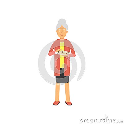 Senior woman standing with plate of food, pensioner people leisure and activity vector Illustration Vector Illustration