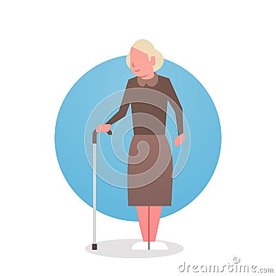 Senior Woman With Stick Grandmother Gray Hair Female Icon Full Length Lady Vector Illustration