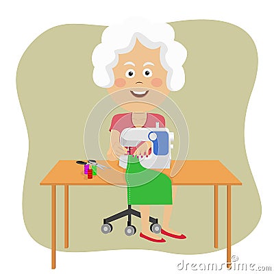Senior Seamstress Using Her Sewing Machine. Vector Illustration Stock ...
