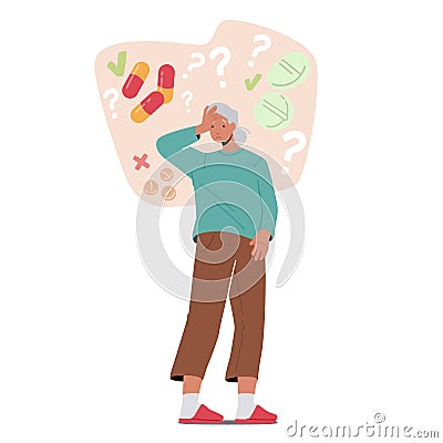 Senior Woman Suffer of Alzheimer Disease, Struggle with Brain Geriatric Mental Illness. Old Grandmother Character Vector Illustration