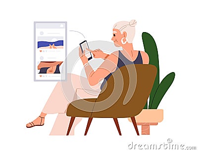 Senior woman surfing online, social media network. Old lady using internet on mobile phone. Modern elderly female Vector Illustration