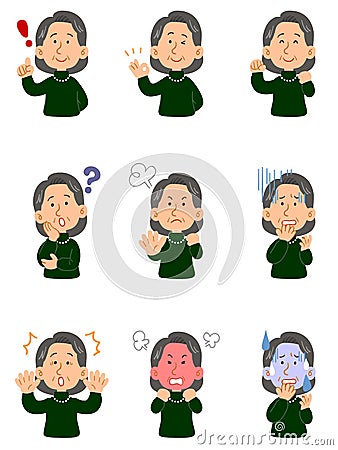 Senior woman wearing a green sweater, set of nine different poses, upper body Vector Illustration