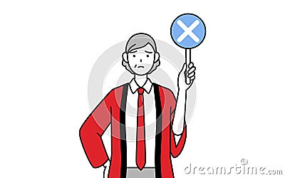 Senior woman wearing a red happi coat holding a placard with an X indicating incorrect answer Stock Photo