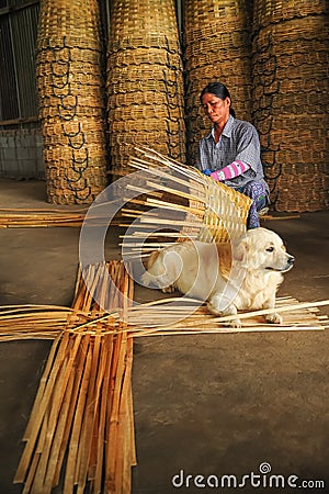 Senior woman weaving basket by hand with a dog lying down Editorial Stock Photo