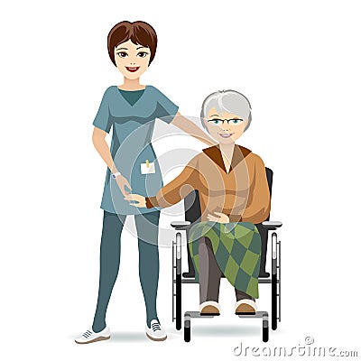 Senior Woman on Wheelchair and Nurse Vector Illustration