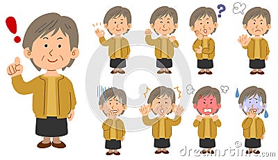 A Senior woman in yellow cardigans Set of nine poses Vector Illustration