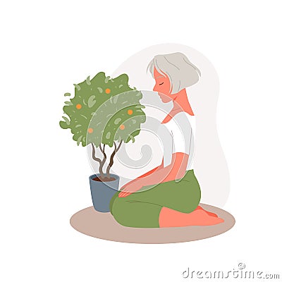 Senior woman in yoga meditation, old person training, elderly lady sitting to meditate Vector Illustration