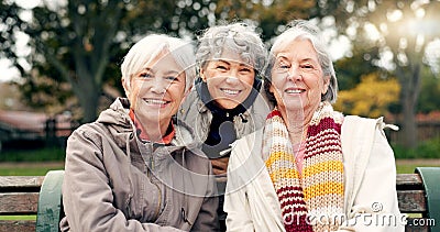 Senior, women sitting and friends face in park with retirement smile in a garden. Nature, portrait and hug with elderly Stock Photo