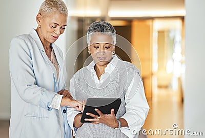 Senior women, tablet and working in business office for web collaboration, digital marketing strategy or planning online Stock Photo