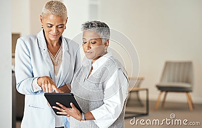 Senior women, tablet and working in business office for web collaboration, digital marketing strategy or planning online Stock Photo