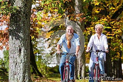 Seniors on bicycles having tour in park Stock Photo