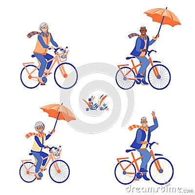 Happy elderly people ride bicycles with umbrellas in autumn Vector Illustration