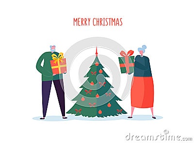 Seniors with Christmas Tree. Elderly Couple Celebrating Winter Holidays. Grandfather and Grandmother on New Year Eve Vector Illustration