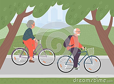 Seniors couple cycle on bicycle together in the city park Vector Illustration