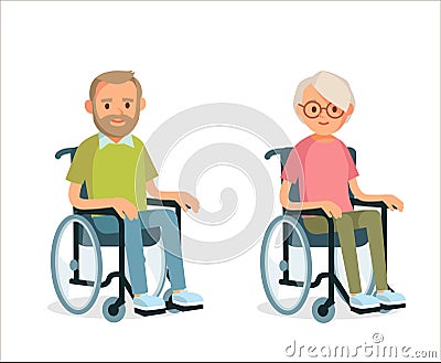 Seniors couple man and woman with disabilities in wheelchairs Vector Illustration