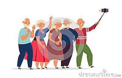 Seniors group. Old people, elderly friends together doing selfie. Happy cartoon modern grandparents using smartphone Vector Illustration