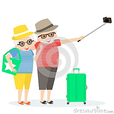 Seniors happy traveling. Grandmother and grandfather on trip. Oldest people with Selfie stick and suitcase on trip. Vector Illustration