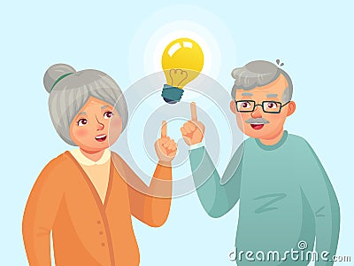 Seniors idea. Old people couple have idea, elderly senior thinking issue. Grandfather and grandmother cartoon vector Vector Illustration