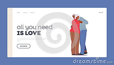 Seniors Love Landing Page Template. Old Man and Woman Embracing and Hugging. Loving Elderly Couple Romantic Relations Vector Illustration
