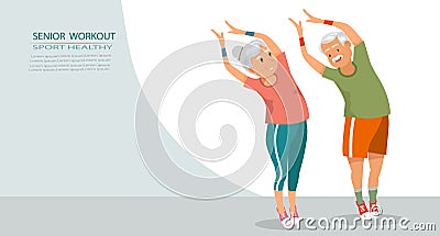 seniors people doing stretching exercise together at retirement centre. Elderly men and old women exercising at nursing home Vector Illustration