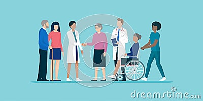 Seniors with team of professional caregivers and doctors Vector Illustration