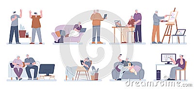 Seniors using gadgets and digital devices. Person has problem with technology. Old couple use laptop, modern Vector Illustration