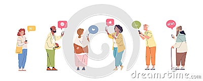 Seniors using smartphones. Happy old woman and elderly man smartphone, modern pensioner mobile phone internet technology Cartoon Illustration