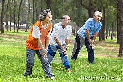 Seniors are warming up before jogging in the park Stock Photo