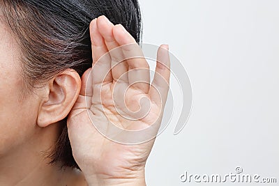 Seniors woman hearing loss , Hard of hearing Stock Photo