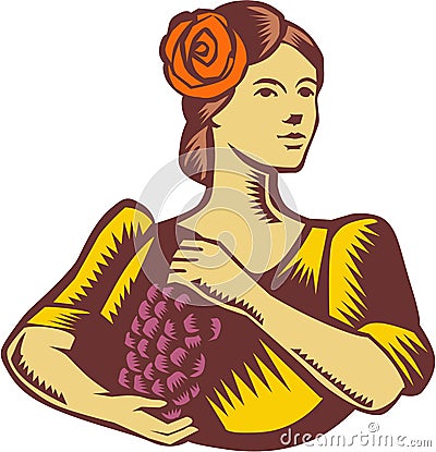 Senorita Holding Grapes Woodcut Vector Illustration