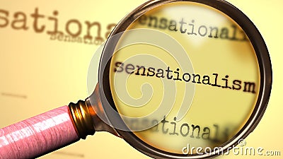 Sensationalism and a magnifying glass on word Sensationalism to symbolize studying and searching for answers related to a concept Cartoon Illustration