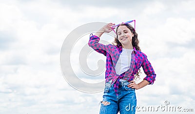 sense of freedom. portrait of pretty child girl in party glasses. concept of summer. happy childhood. cheerful teen girl Stock Photo