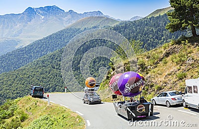 Senseo Caravan in Pyrenees Mountains - Tour de France 2015 Editorial Stock Photo