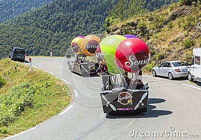 Senseo Caravan in Pyrenees Mountains - Tour de France 2015 Editorial Stock Photo