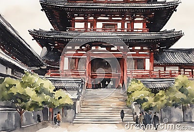 Senso-ji Temple watercolor in japan Cartoon Illustration