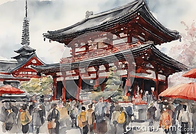 Senso-ji Temple watercolor in japan Cartoon Illustration