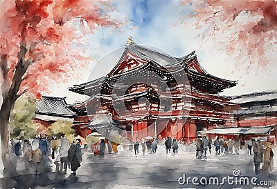 Senso-ji Temple watercolor in japan Cartoon Illustration