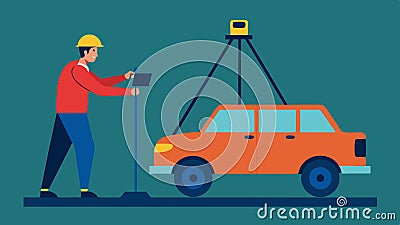 Sensor Calibration An engineer adjusts the angle of a LIDAR sensor mounted on a vehicle focusing on precision while Vector Illustration
