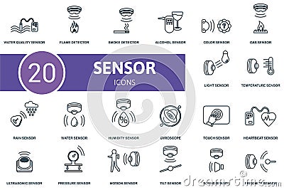 Sensor icon set. Collection of simple elements such as the water quality, flame detector, smoke, temperature, rain Vector Illustration