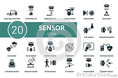 Sensor icon set. Contains editable icons sensor theme such as flame detector, alcohol sensor, gas sensor and more. Vector Illustration