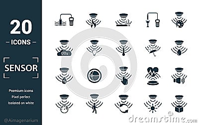 Sensor icon set. Include creative elements water quality sensor, smoke detector, gas, rain sensor, humidity sensor icons. Can be Stock Photo
